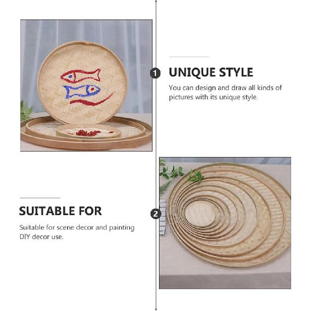 4 Pcs Handwoven Flat Wicker Round Fruit Basket Woven Food Storage Weaved Shallow Tray Organiser Vegetable Fruit Bowl DIY Drawing Board Wall Basket