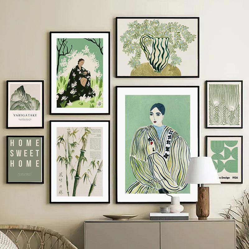 Gestreifte Mädchenvase Blatt Blume Wandkunst Leinwandmalerei Abstrakte Poster und Drucke Hotel Bar Wandbilder für Wohnzimmerdekoration