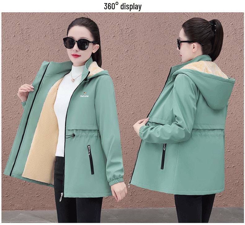 Women's Mid-length Hooded Windproof Fleece-Lined Jacket - Autumn/Winter 2025 Style