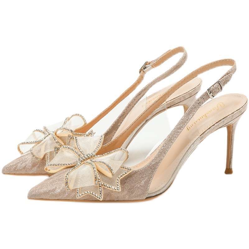 Bow high heels women's niche design sense crystal shoes bride wedding dress wedding shoes thin heel temperament bag head sandals women
