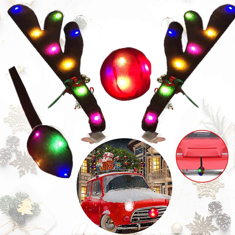 Car Stickers Christmas Decoration LED Reindeer Horn Lamp Nose Light Rudolph Reindeer Antlers Red Nose Ornaments Car Accessories