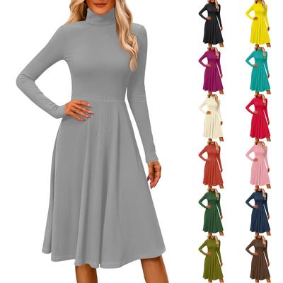 Women's Casual Fashion High Neck Long Sleeve Color Midi Dress