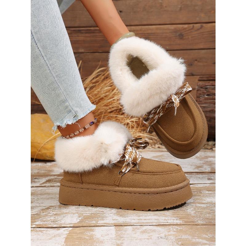 Winter New Lace-up Thick-soled Wool Wool Cotton Shoes 2025 Plus Size Muffin Fleece Warm Snow Boots for Women