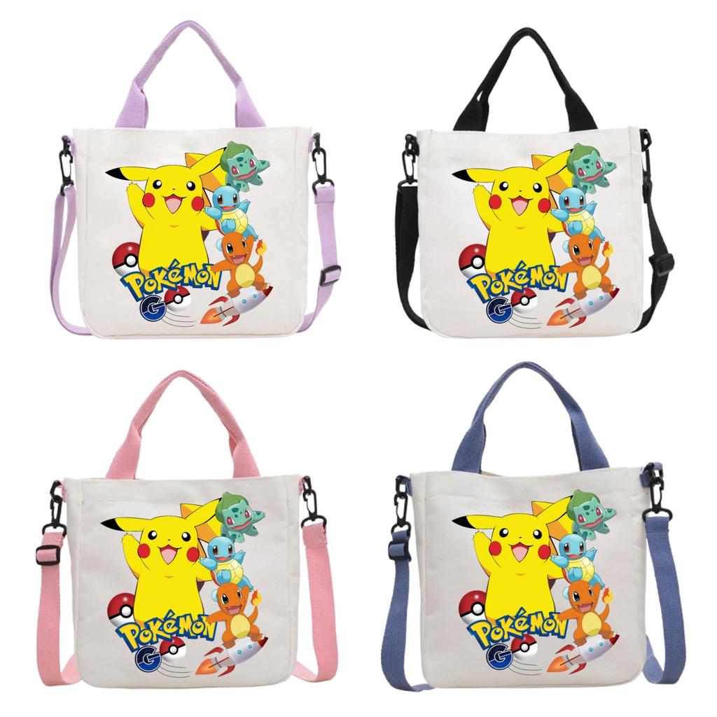 Pokemon Canvas Crossbody Bag Pikachu Cartoon Pattern Print Handbag Fashion Portable Large Capacity Travel Shopping Storage Kid Friendly Entertaining