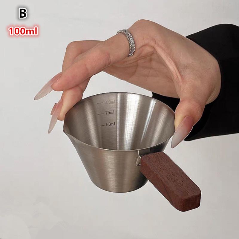 Stainless Steel Espresso Shot Glass with Walnut Handle Graduated Coffee Measuring Cup 2 Oz Liquid Volume Markings Barista Tool