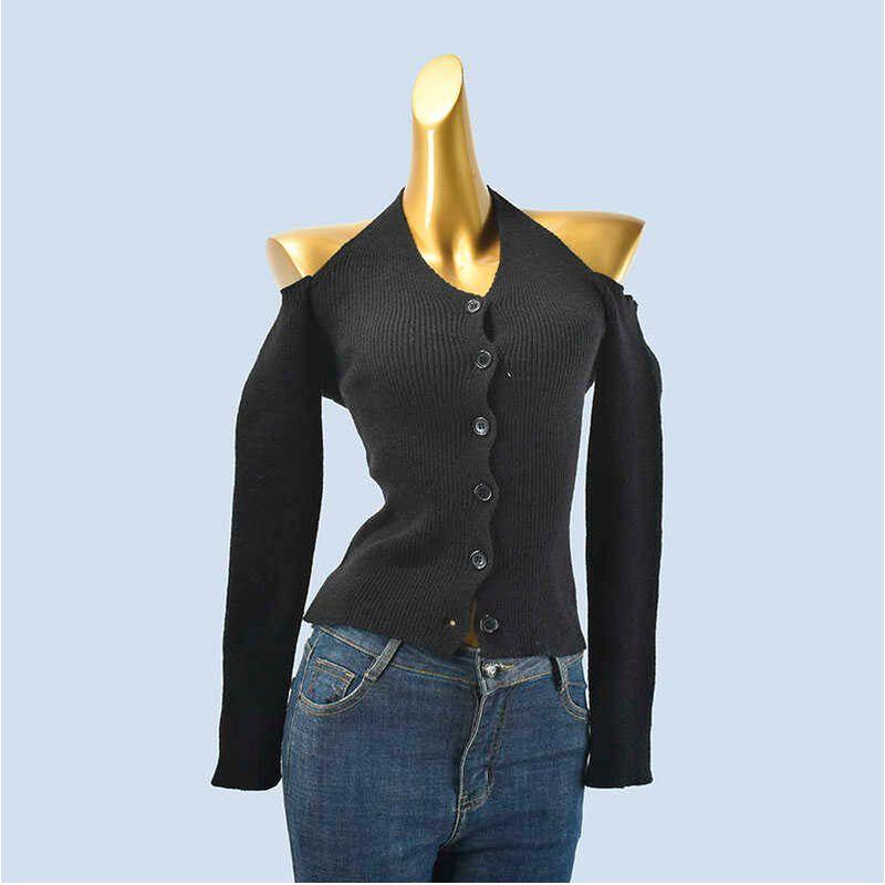 Sexy Sexy off-Neck Halterneck Knitwear Women's Spring and Autumn New Design Sense Cardigan Slim-Fit Crop-Top
