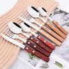 24pcs Red Wooden Handle Stainless Steel Dinnerware Set Steak Knife Fork Coffee Spoon Tableware Christmas Party Kitchen Flatware