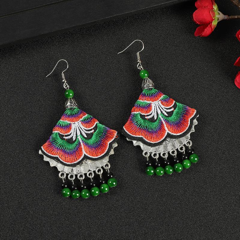A few embroidered fabric earrings, long tassel personalized fan earrings, women's retro Miao flower earrings