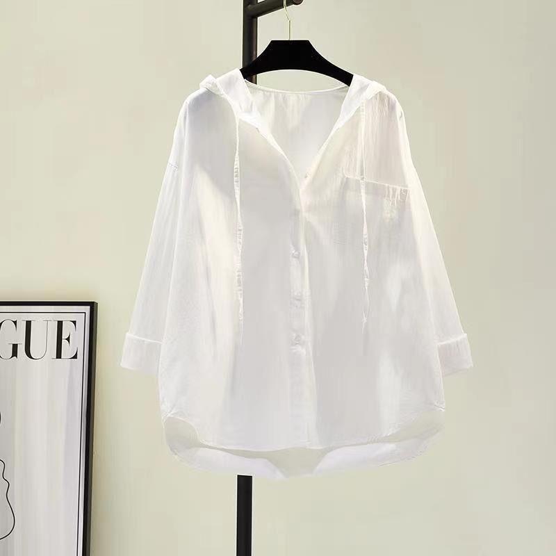 Top Oversize Manica Lunga Moda Coreana Camicetta Bianca Camicia Donna Felpa con Cappuccio Casual Cotone Bluse
