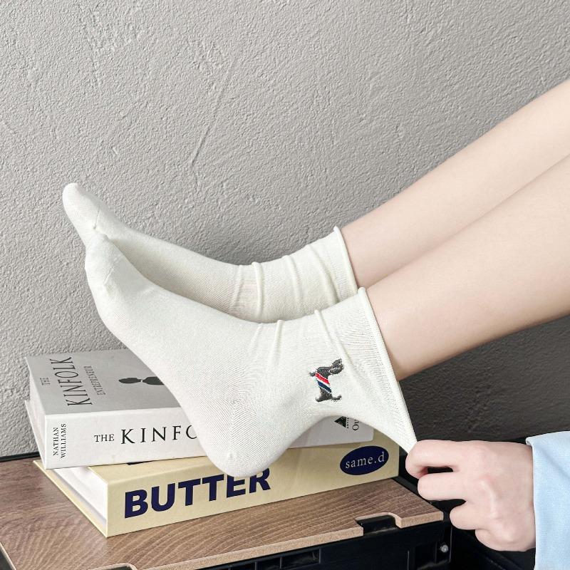 Spring and Summer White Socks with Cartoonish Cute Sausage Dog Embroidery, Rolled Cuffs Mid-calf Socks, Boneless Pile Socks, Postpartum Care Socks