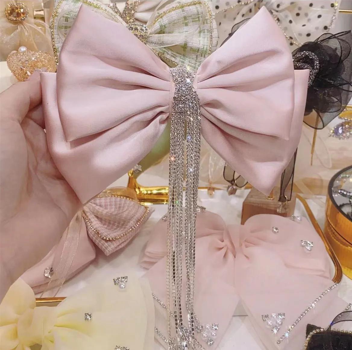 

Korean Style Large Bow Perfect Hair Clip with Shiny Rhinestones and Long Tassel for Women, Perfect Wedding Hair Accessories розовый