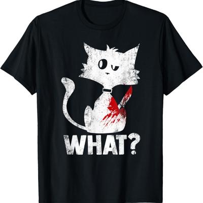 Cute Psycho Murderous Black Cat What With Knife Halloween T-Shirt