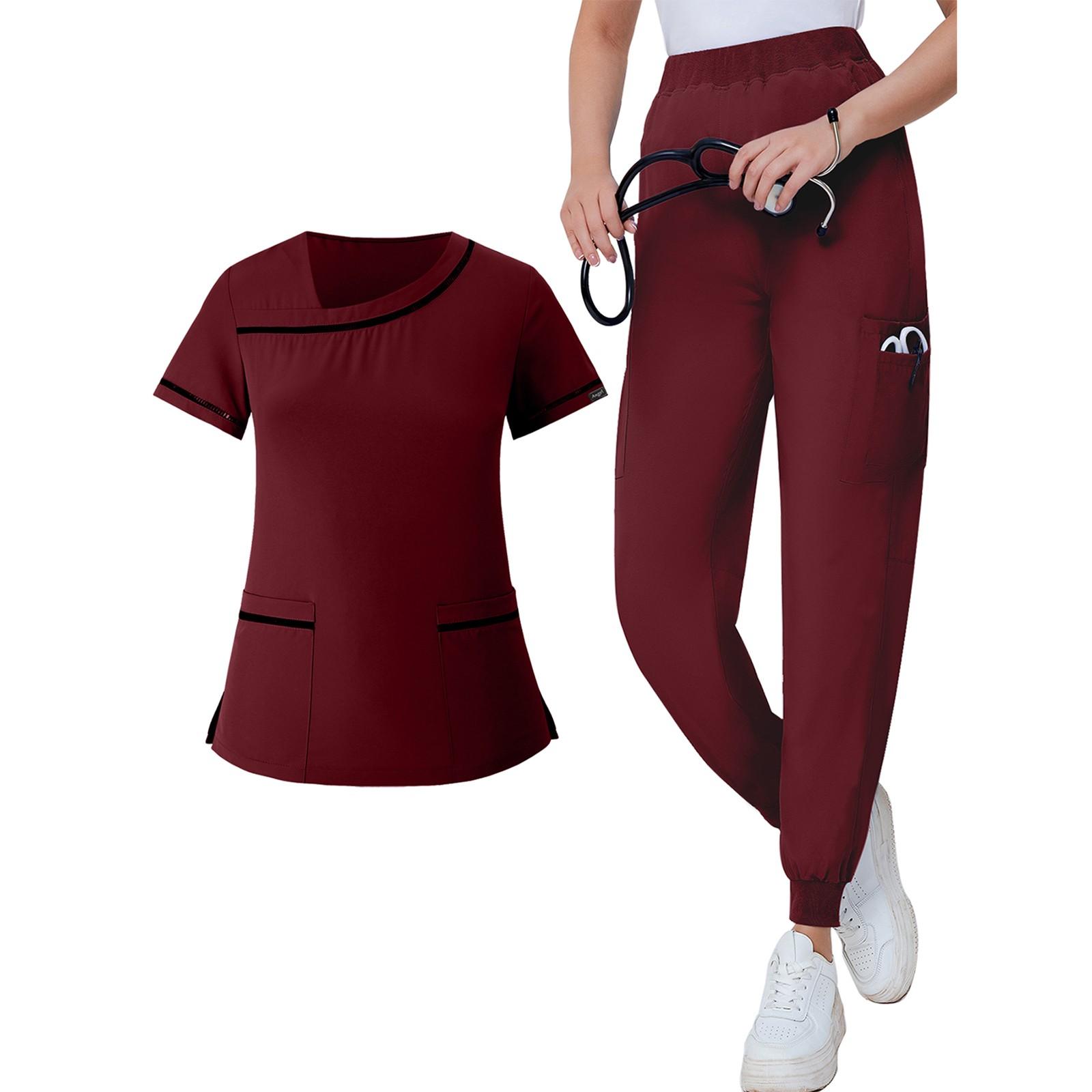 

Женский комплект из двух предметов, однотонный топ с короткими рукавами и карманами, рабочая одежда, комплект из двух предметов XL киноварь