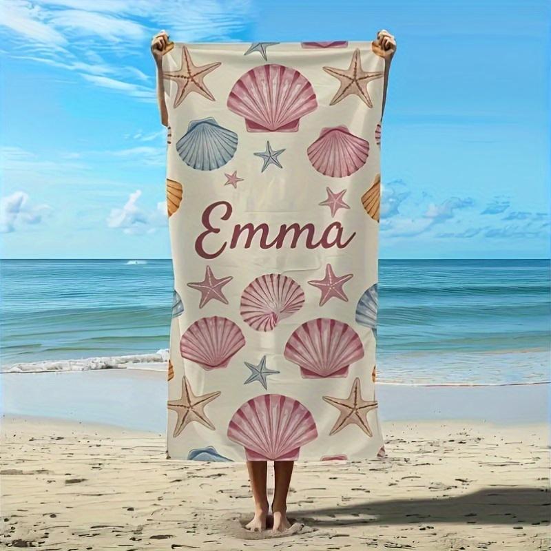 Beach Towel With Customizable Name - Shell And Starfish Print, Super Soft, Quick Drying, Lightweight,  Absorbent, Modern Style