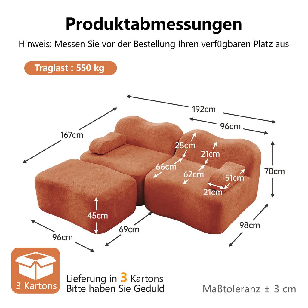 2-Seater L-Shaped Modular Boneless Sofa with 1 Ottoman, Wave Shape, Movable Armrest Cushion, for Living Room & Apartment, No Assembly Required, Orange