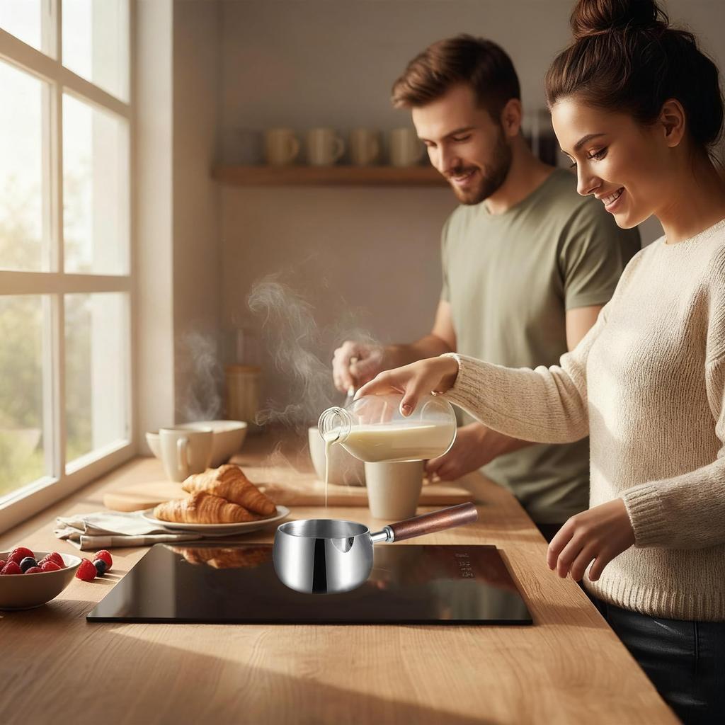 IMEEA Milk Pan, Small Saucepan, Induction Cooktop Compatible, SUS304 Stainless Steel, 500ml, Single Handle, Wooden Handle, Ideal for Small Servings,