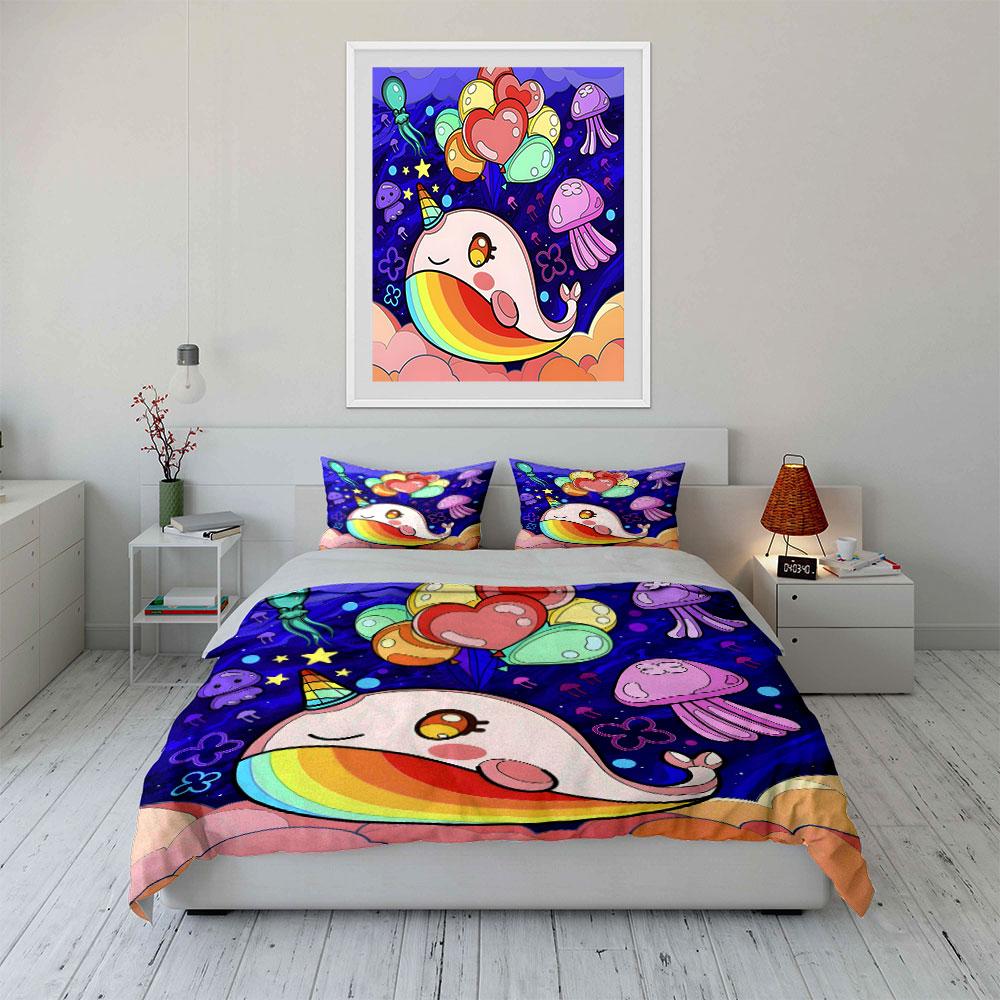 Colorful Narwhal Fantasy Theme Bedding Set Exquisite Three-Piece Bedding Set Gift For Kids And Adults