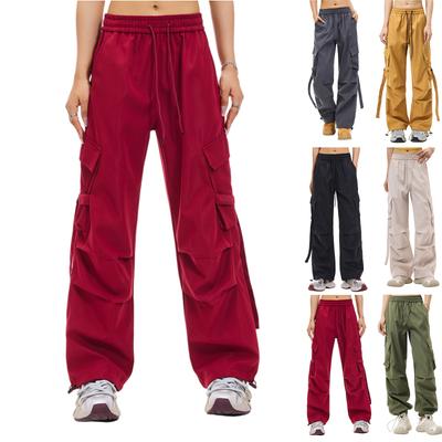 Women's Overalls Casual Lightweight Solid Color Trousers Drawstring Multi-Pockets Straight Leg Pants