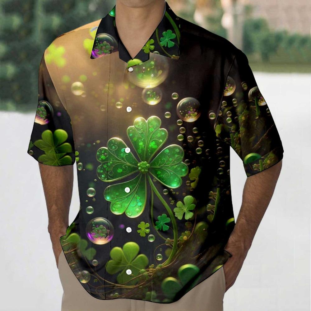 Saint Patrick Mens Shirt Festive Green Shamrock Print Lapel Short Sleeved Shirt Vintage Solid Shirts Cardigan Men's Blouses