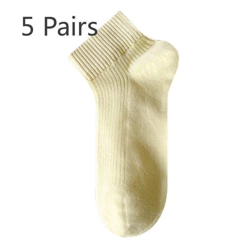 5 Pairs of Women's Spring and Summer Thin Breathable White Boneless Antibacterial and Deodorant Short Tube Cotton Socks
