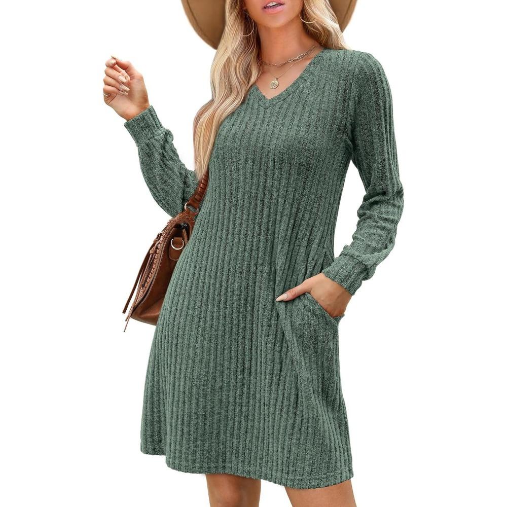 HNXC Women's Fashion Autumn Winter Solid Color Print Long Sleeve V-Neck  Casual Dresses