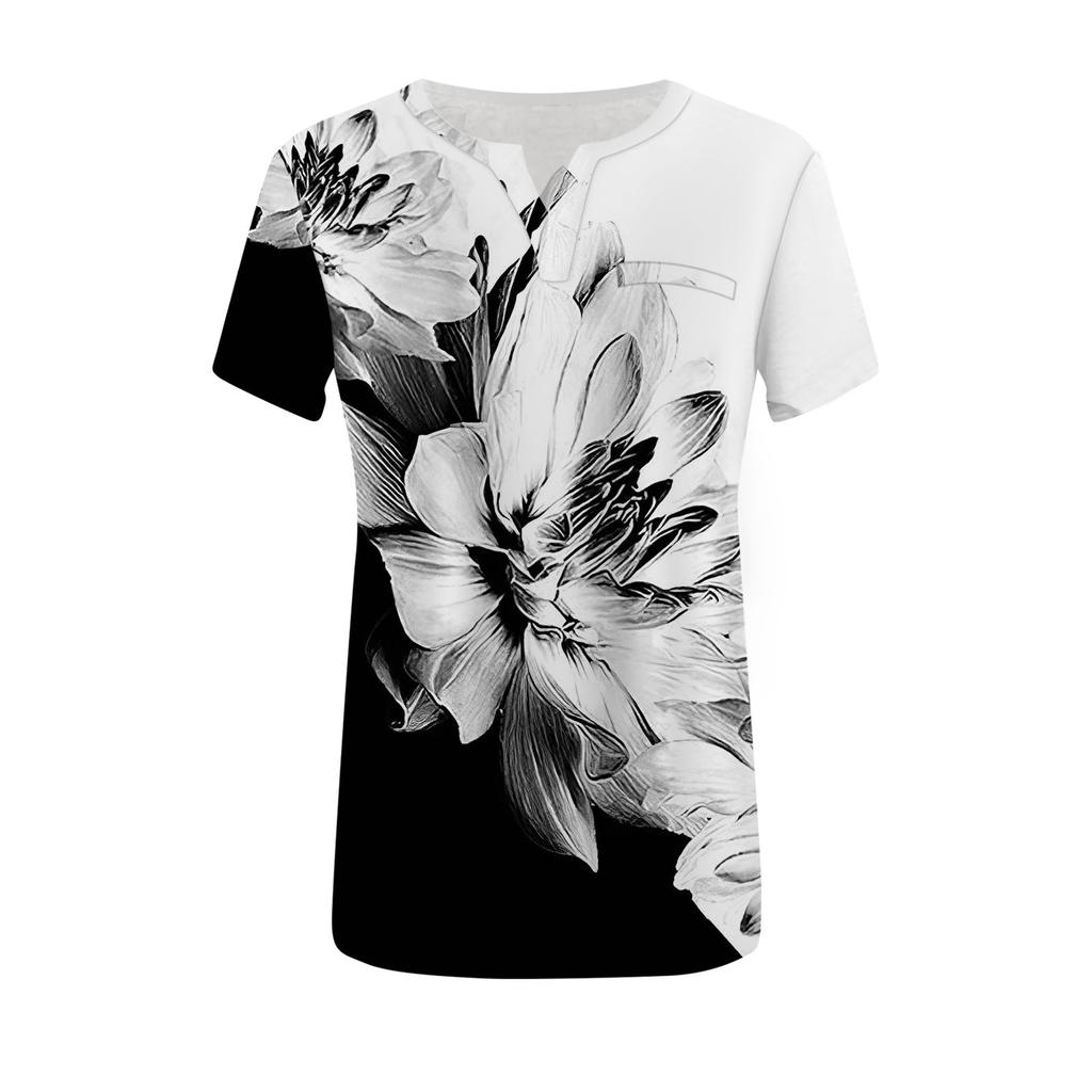 Móda Dámské ležérní tričko s krátkým rukávem a kulatým výstřihem s květinovým potiskem a kapsami