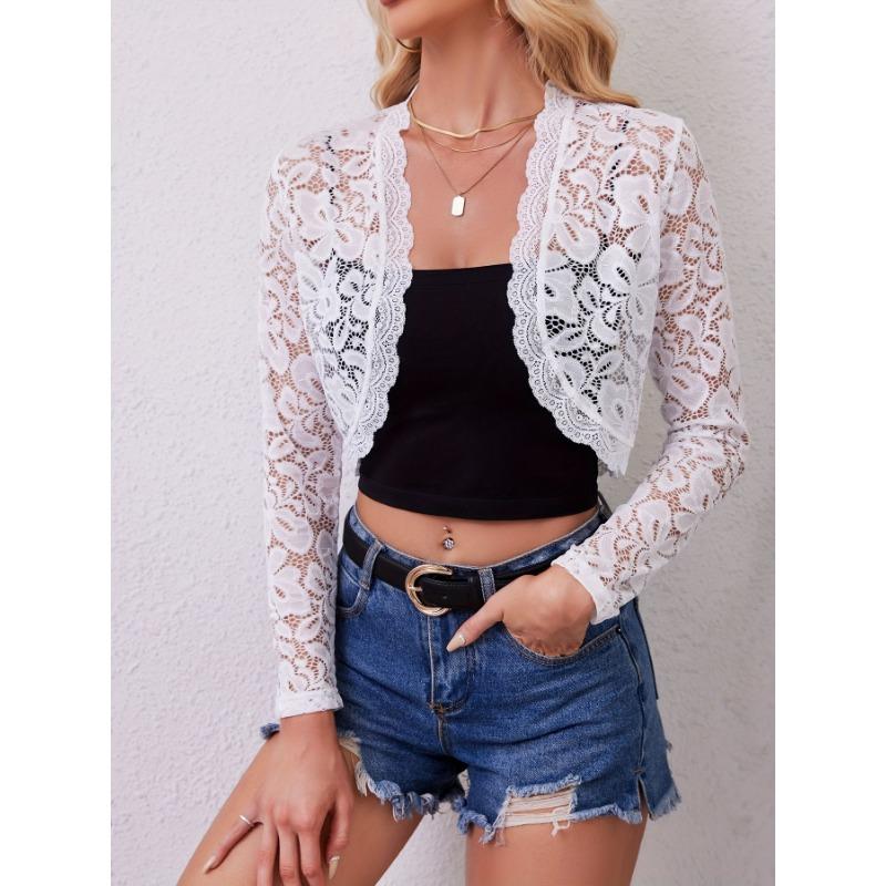 Elegant Women'S Lace Cardigan, Polyamide Blend, Geometric Pattern, Drop Shoulder Collar, Long Regular Sleeves, Short Length,