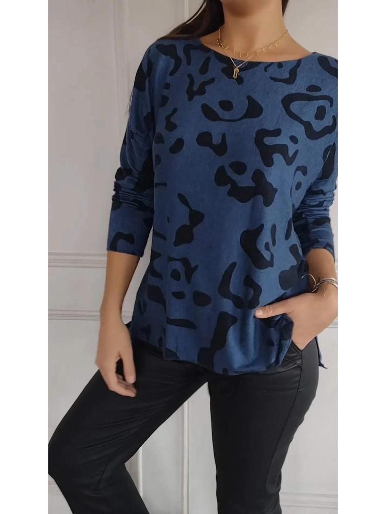 2024 Autumn/Winter Casual Leopard Print Women's Long Sleeve Crew Neck Top