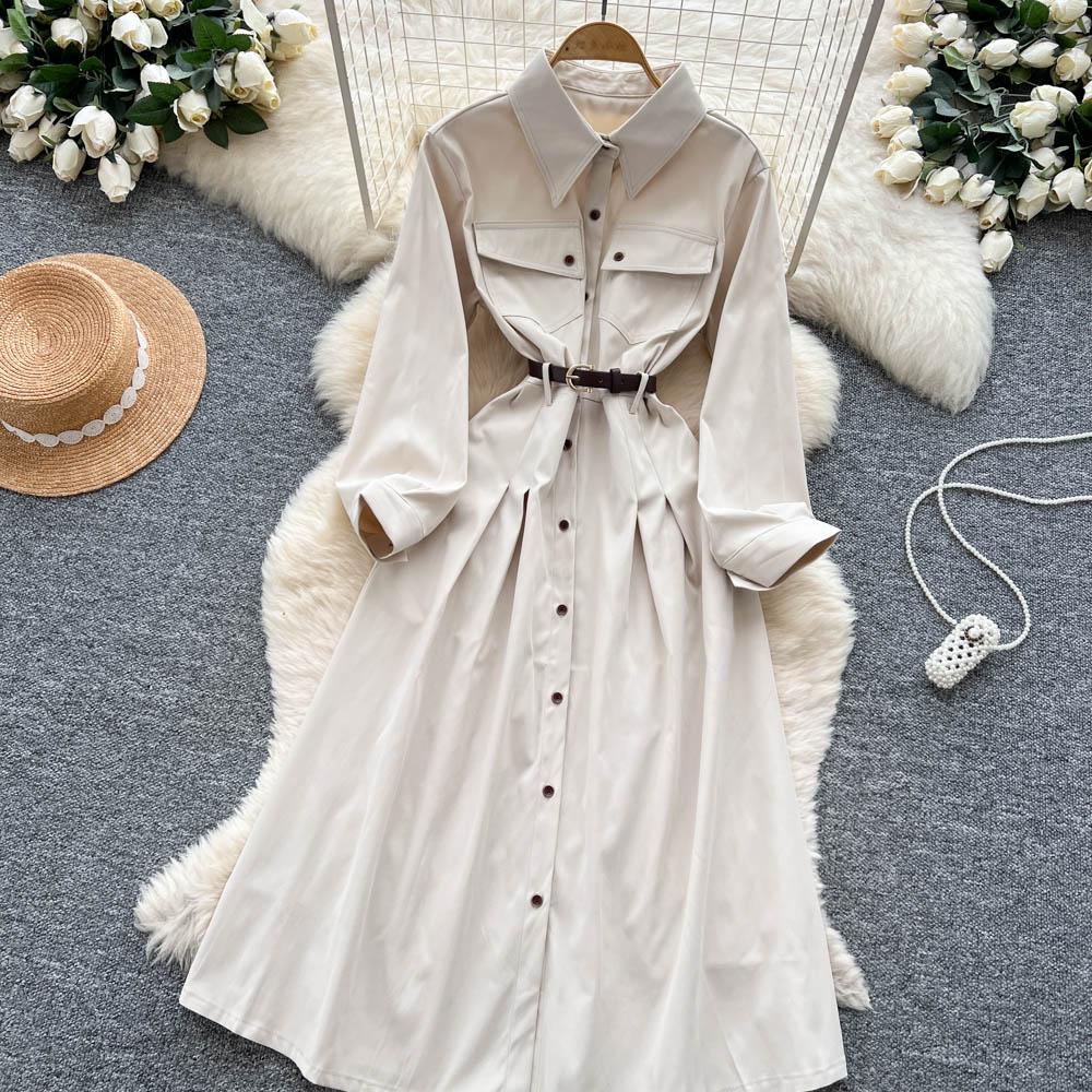 French Light Maturity Minimalist Retro Lapel Long Sleeve Single Button Waist Cinching Dress Women Autumn Slim Fit Elegant Maxi Dresses