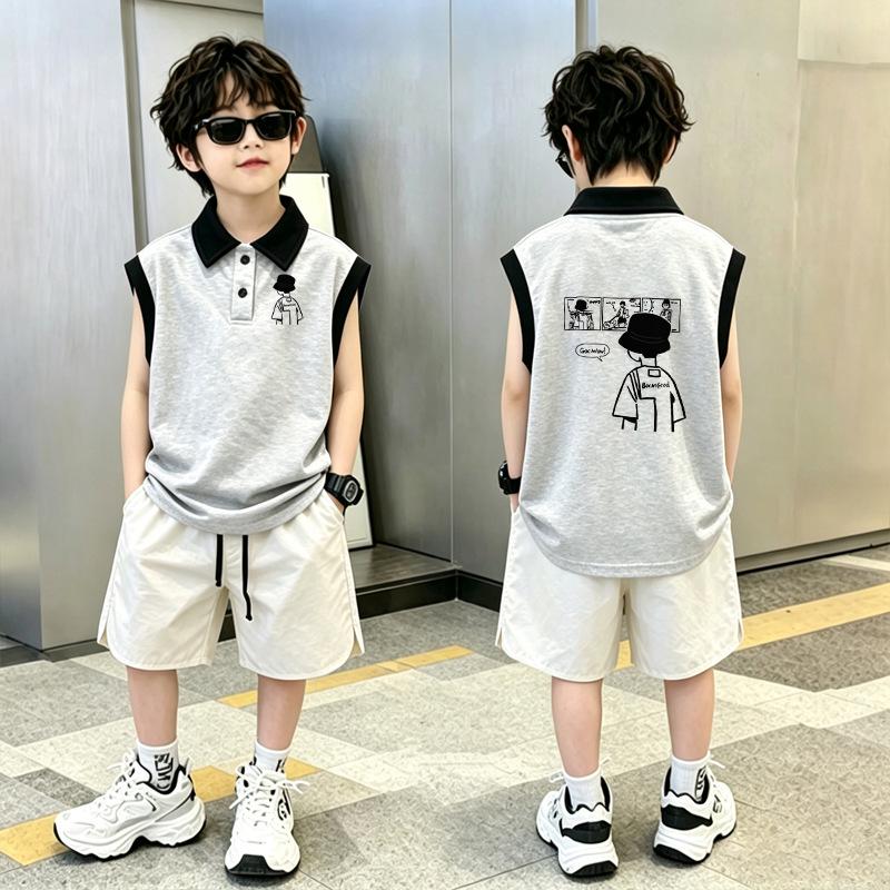 Korean Style Boys' Casual Vest Set - Summer 2026 Color Block Lapel Sleeveless Polo Shirt for Middle & Older Children