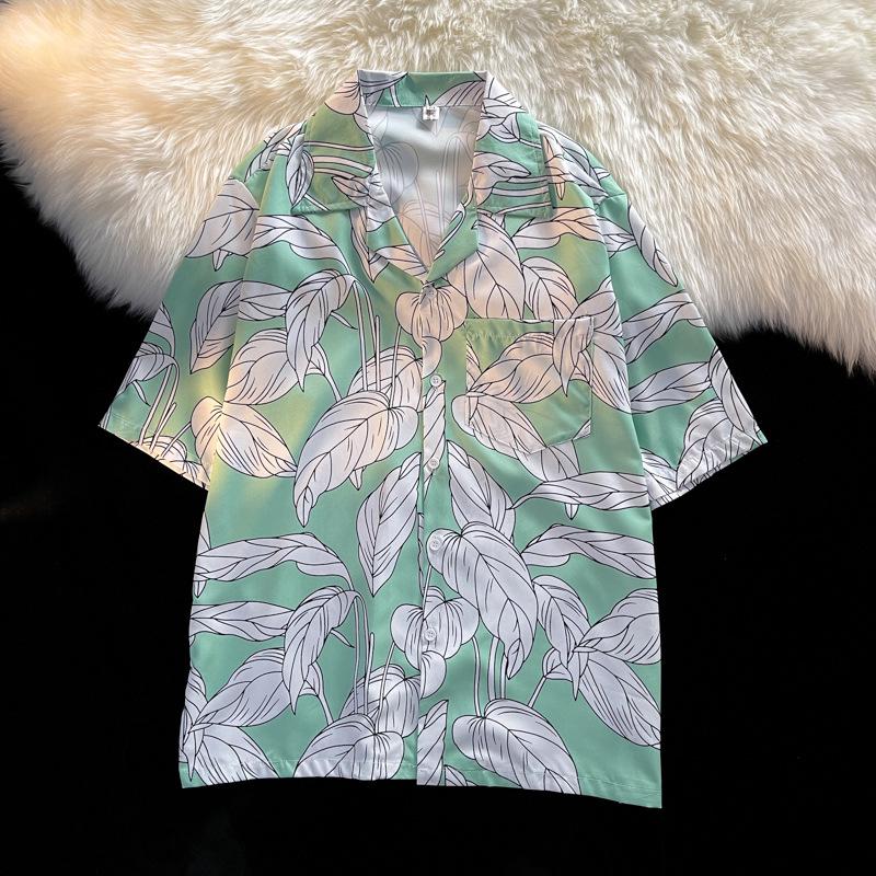 Unisex Vintage Kubakrage Blomsterskjorte - Løs passform, Hong Kong-stil, Kort erm, Perfekt for strand og par