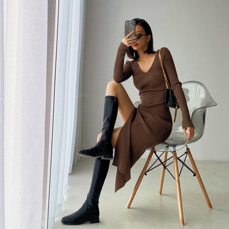 

Осень/Зима 2023 Французское Приталенное Платье Бодикон с Высокой Талией и Длинным Рукавом для Женщин One Size коричневый