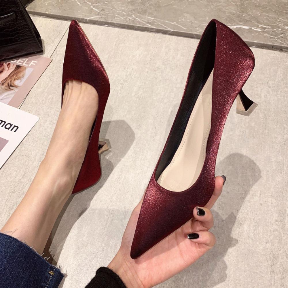 Heels for Ladies Four Seasons Solid Color Satin Fashion Pointed Stiletto High Heels Woman Shoes 5CM