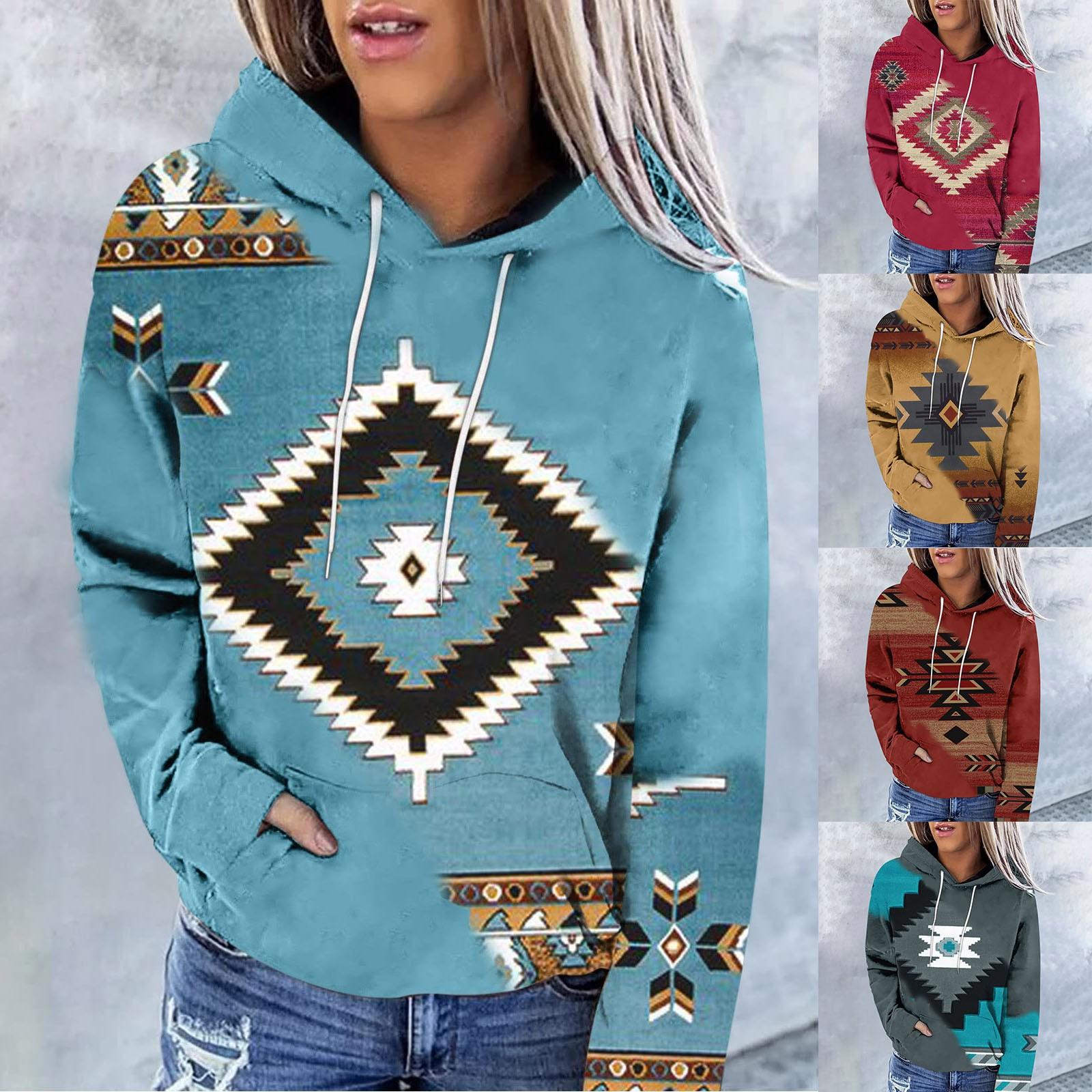 

Женский модный повседневный свитер с капюшоном и длинными рукавами в этническом стиле с принтом