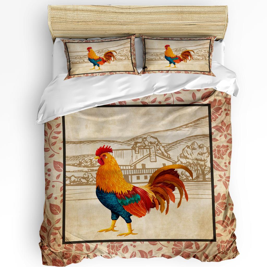Husă de pilotă cu ilustrație retro de cocoș de fermă și față de pernă, set de lenjerie de pat personalizat cu 3 bucăți, husă de pilotă, pat dublu, textile pentru casă