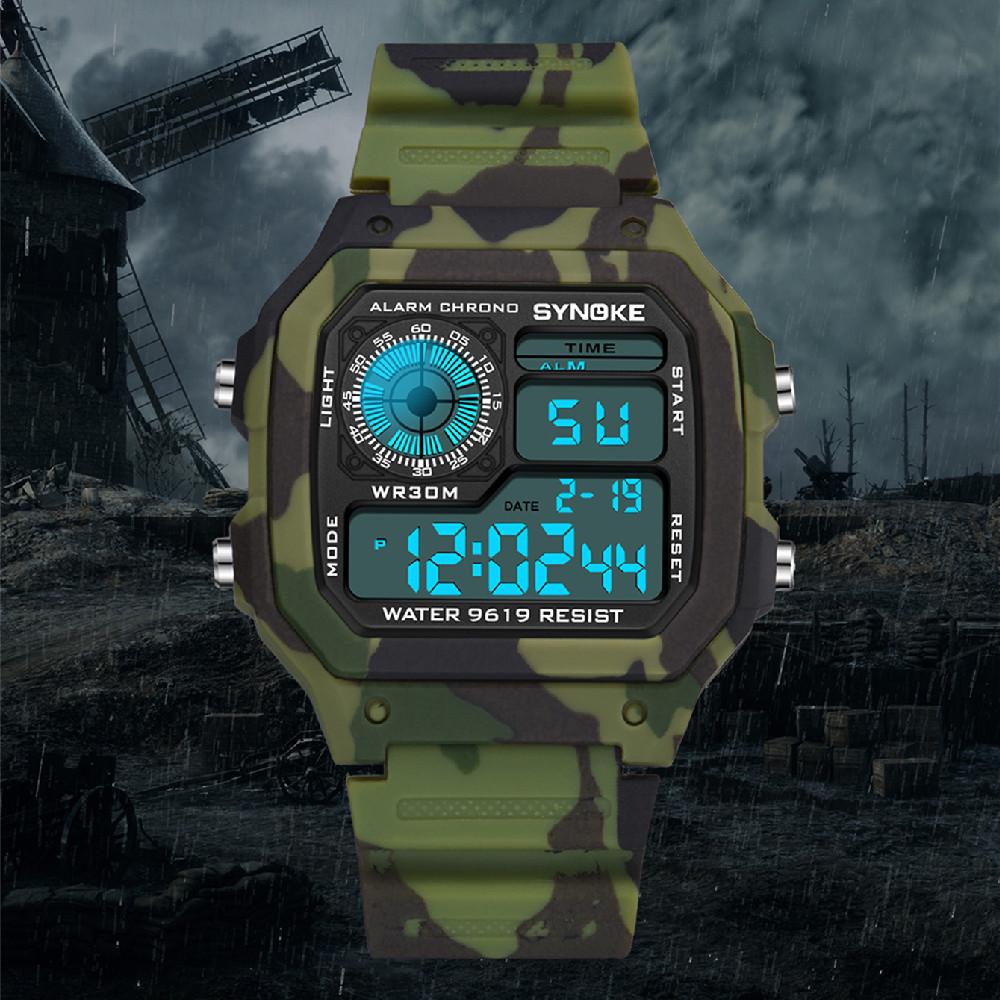 Men's Multifunctional Camouflage Waterproof Sports Watch - Seven-Color Luminous Fashion Square Design