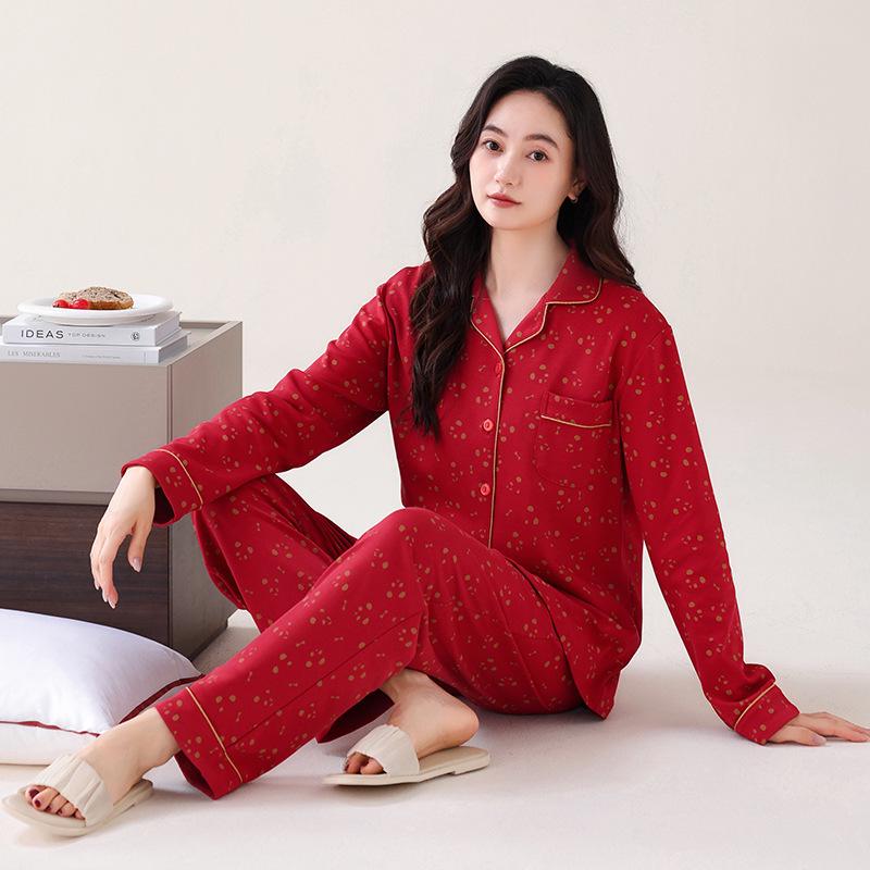 Women's Long Sleeve Lapel Cardigan Pajama Set - Pure Cotton, Casual Home Wear, Can Be Worn Outside.