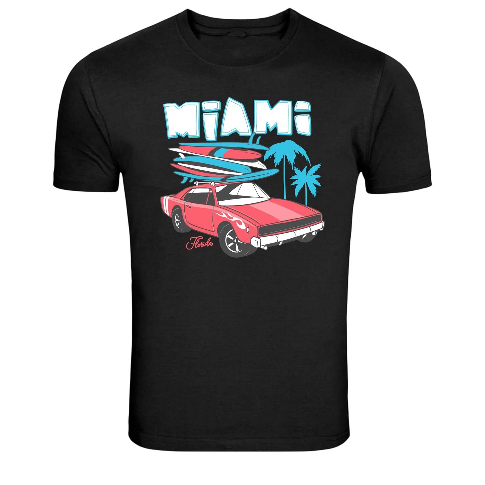 Miami Surf Car Beach Palm Trees Graphic T Shirt Florida Tee L