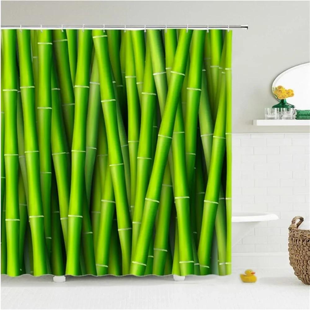 Zen Green Bamboo Shower Curtains Stone Buddha Lotus Candle Asian Japanese Spa Garden Scenery Bath Curtain Fabric Bathroom Decor