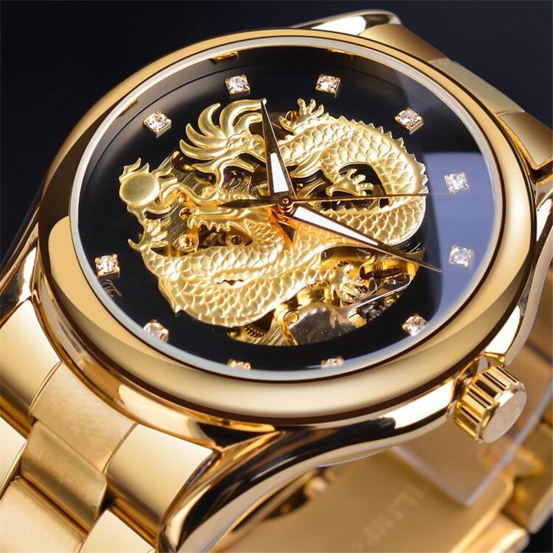 Relógio masculino estilo europeu e americano, moderno e casual, com cinto de aço, dragão, oco, à prova d'água, automático, mecânico