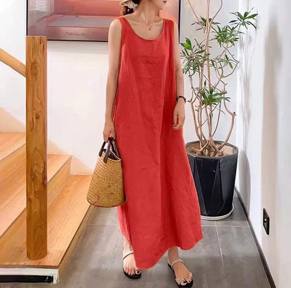 European and American summer new long version suspender simple wind loose pocket round neck temperament sleeveless dress foreign trade wholesale
