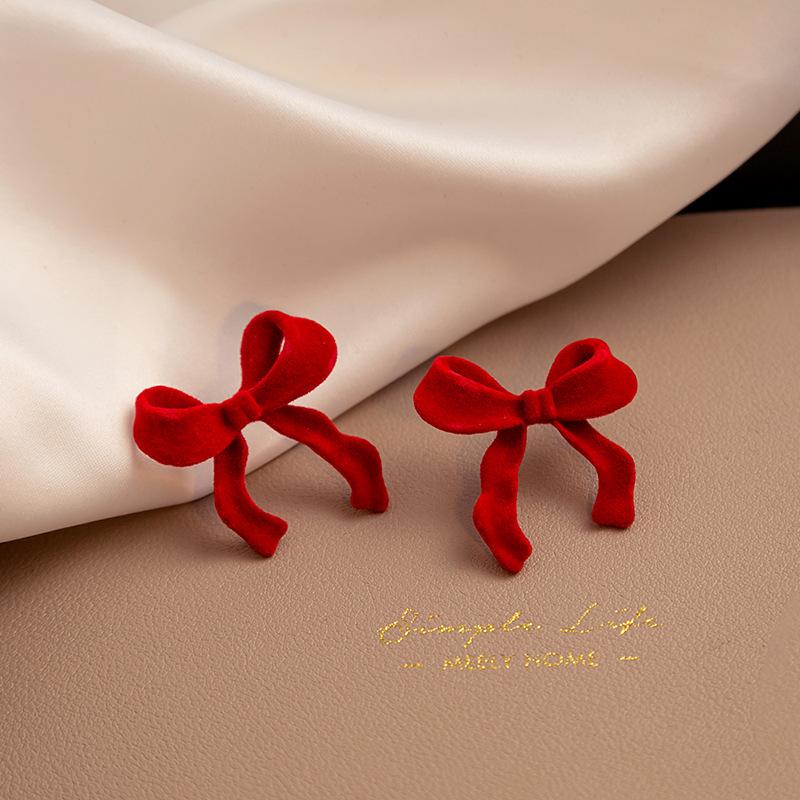 2024 Silver Needle Flocking Burgundy Bowknot Earrings - Chinese New Year Spring Festival Rose Design