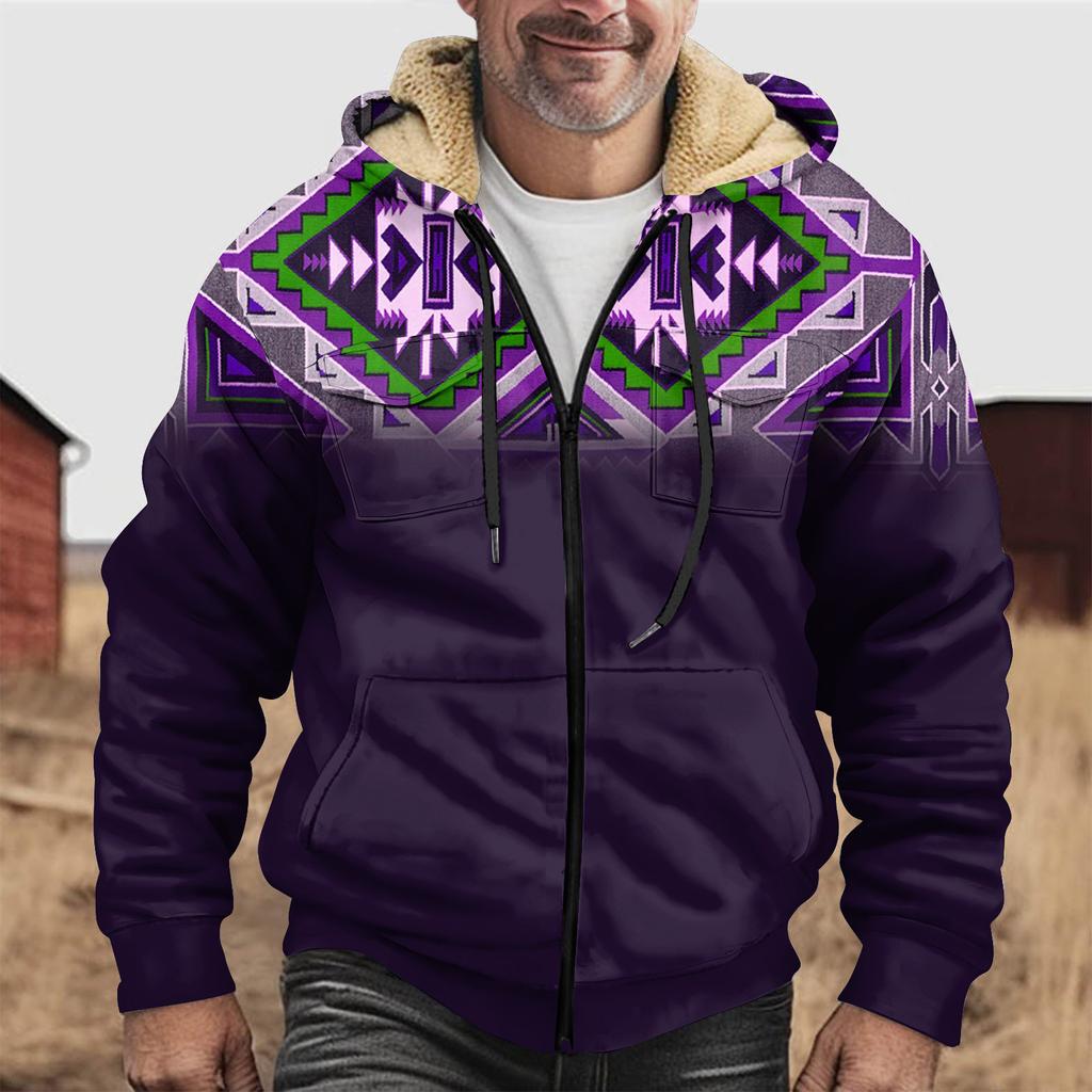 Vinter dragkedja för män med huva i fleecetröja med patchficka Casual jacka