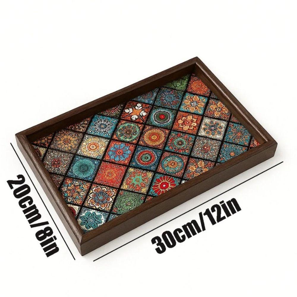Bohemian Style Wooden Tray 30x20cm Handmade Snack Tray Square Jewelry Storage Tray for Desktop Foyer Decoration Home Storage