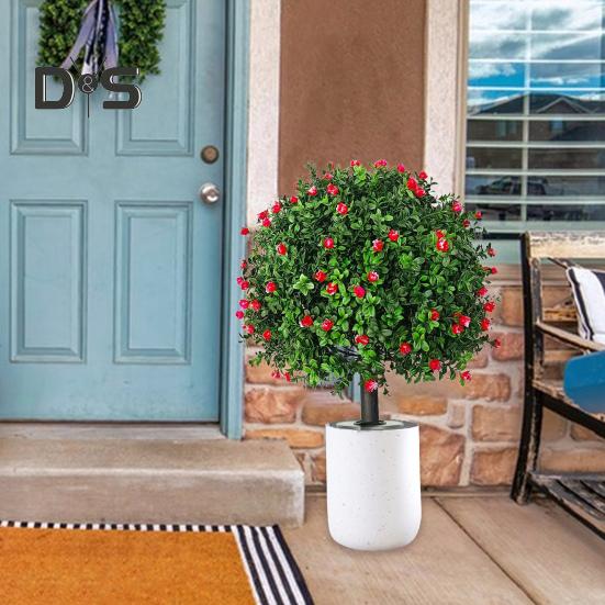 Artificial Camellia Topiary Ball Simulated Topiary Trees with Red Flowers UV Resistant Faux Greenery Shrubs with Ground Spike for Garden Porch Patio