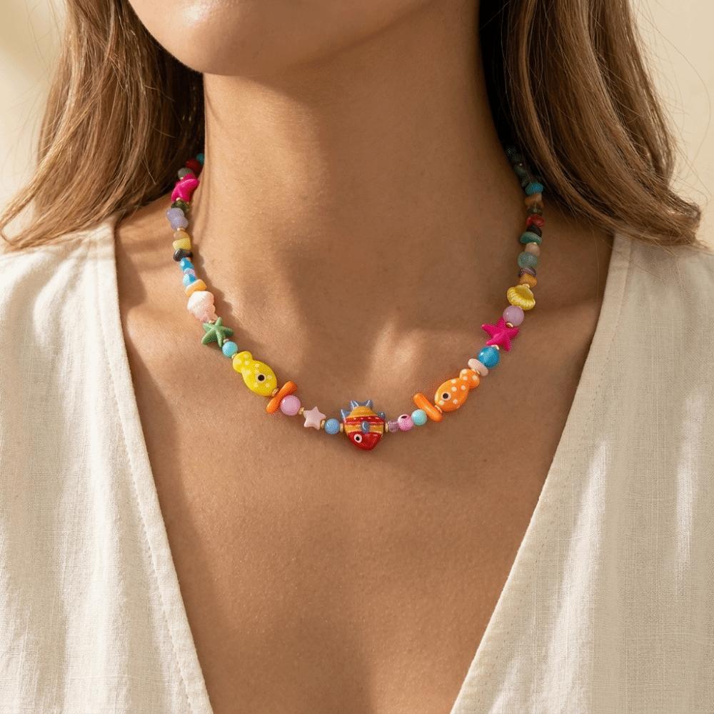 Resin Colorful Fish Necklace Ceramic Beaded Necklace Lovely Fish Charms Pendant  Vacation
