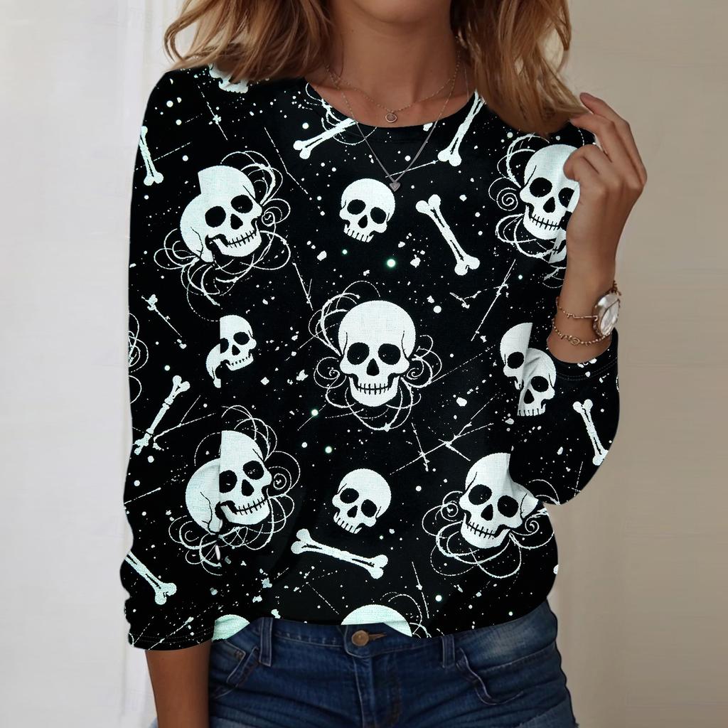 Women's Casual Long Sleeve Halloween Skull Print Pullover Crew Neck Top Lightweight Comfortable Fit for Everyday Wear