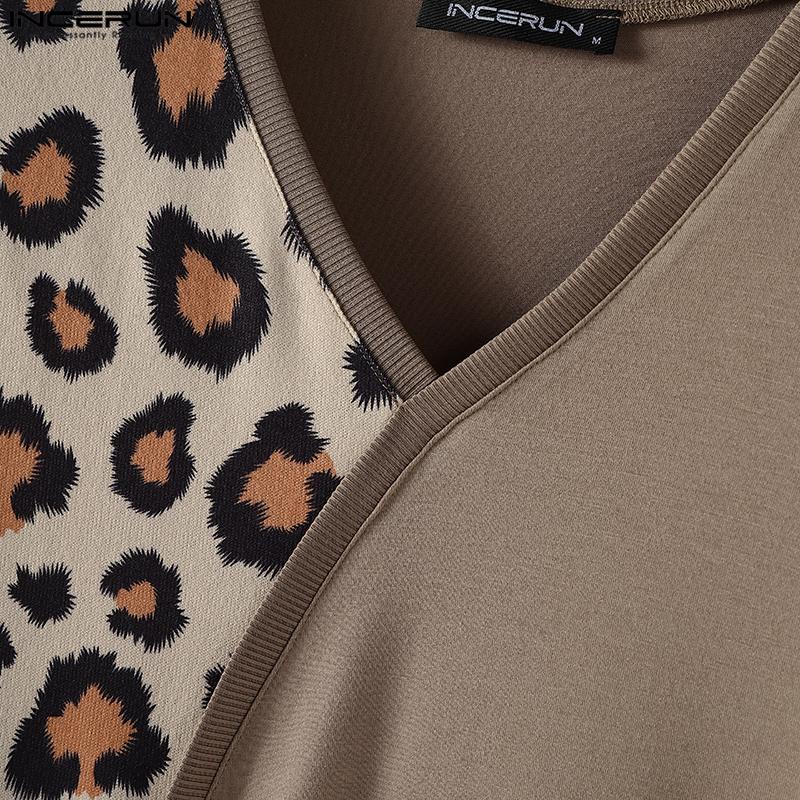INCERUN Men V Neck Short Sleeve Leopard Patch Bow Knot Casual T-shirts