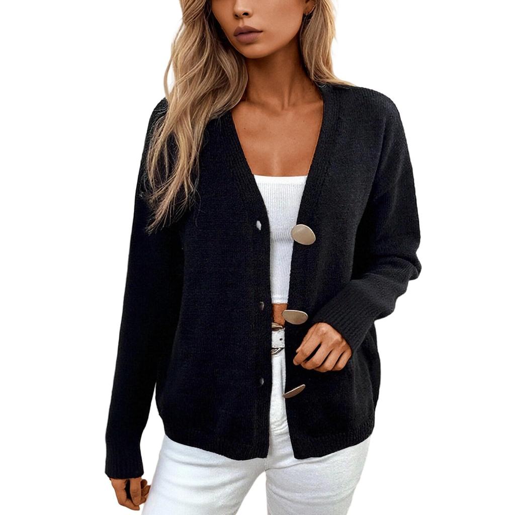 Damenmode Lockerer geknöpfter V-Ausschnitt Einfarbiger Langarmmantel