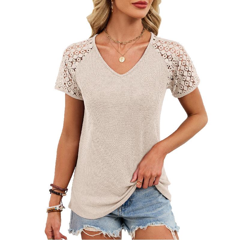 2026 Spring/Summer New Solid Color V-Neck Loose Lace Short-Sleeve T-Shirt for Women